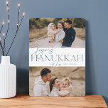 Festive Greeting | 2 Photo Joyous Hanukkah Holiday Card<br><div class="desc">Our festive and elegant Hanukkah card design is the perfect way to show off two of your favourite family photos. Design features "Joyous Hanukkah" in dusty slate blue serif typography and hand lettered script,  along with your family name. Cards reverse to a white star pattern.</div>