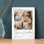 Festive Greeting | 3 Photo Collage Hanukkah Holiday Card<br><div class="desc">A retro meets modern Hanukkah photo card design featuring three of your favourite photos (one landscape/horizontal and two square) on a crisp white background accented with hand drawn stars at the corners. "Joyous Hanukkah" appears beneath in handwritten script lettering. Personalize with your family name and the year.</div>