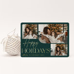 Festive Greeting | Happy Holidays 3 Photo Foil Holiday Card<br><div class="desc">Our festive and elegant holiday card design is the perfect way to show off three of your favourite family photos. Horizontal or landscape oriented design features "Happy Holidays" in shining gold foil typography and hand lettered script,  with your family name beneath on a hunter green background.</div>