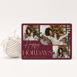 Festive Greeting Happy Holidays 3 Photo Foil Holiday Card