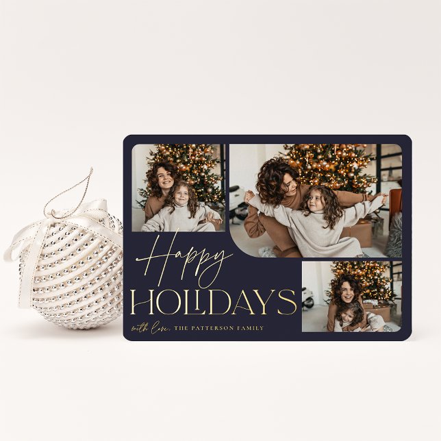 Festive Greeting | Happy Holidays 3 Photo Foil Holiday Card (Creator Uploaded)