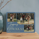 Festive Greeting | Joyous Hanukkah 3 Photo Collage Foil Holiday Card<br><div class="desc">Our festive and elegant Hanukkah card design is the perfect way to show off 3 of your favourite family photos in a rounded collage layout. Design features "Joyous Hanukkah" in shining gold foil typography and hand lettered script, with your family name on a dusty slate blue background. Cards reverse to...</div>