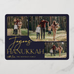 Festive Greeting | Joyous Hanukkah 3 Photo Collage Foil Holiday Card<br><div class="desc">Our festive and elegant Hanukkah card design is the perfect way to show off 3 of your favourite family photos in a rounded collage layout. Design features "Joyous Hanukkah" in shining gold foil typography and hand lettered script, with your family name on a midnight blue background. Cards reverse to a...</div>