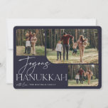 Festive Greeting | Joyous Hanukkah 3 Photo Holiday Card<br><div class="desc">Our festive and elegant Hanukkah card design is the perfect way to show off three of your favourite family photos. Horizontal or landscape oriented design features "Joyous Hanukkah" in white typography and hand lettered script,  with your family name beneath on a midnight blue background.</div>