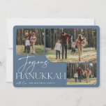 Festive Greeting | Joyous Hanukkah 3 Photo Holiday Card<br><div class="desc">Our festive and elegant Hanukkah card design is the perfect way to show off three of your favourite family photos. Horizontal or landscape oriented design features "Joyous Hanukkah" in white typography and hand lettered script,  with your family name beneath on a dusty slate blue background.</div>