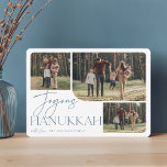 Festive Greeting | Joyous Hanukkah 3 Photo Holiday Card<br><div class="desc">Our festive and elegant Hanukkah card design is the perfect way to show off three of your favourite family photos. Horizontal or landscape oriented design features "Joyous Hanukkah" in dusty slate blue terracotta typography and hand lettered script,  with your family name beneath on a white background.</div>