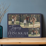 Festive Greeting | Joyous Hanukkah 3 Photo Holiday Card<br><div class="desc">Our festive and elegant Hanukkah card design is the perfect way to show off three of your favourite family photos. Horizontal or landscape oriented design features "Joyous Hanukkah" in white typography and hand lettered script,  with your family name beneath on a midnight blue background.</div>