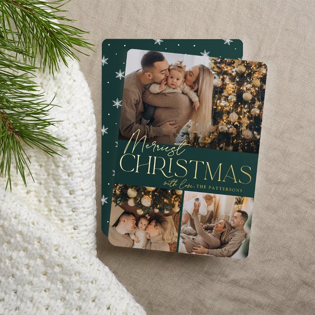 Festive Greeting | Merriest Christmas 3 Photo Foil Holiday Card (Creator Uploaded)