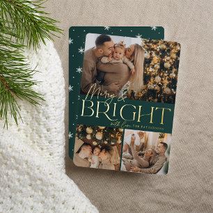 Festive Greeting Merry & Bright 3 Photo Foil Holiday Card