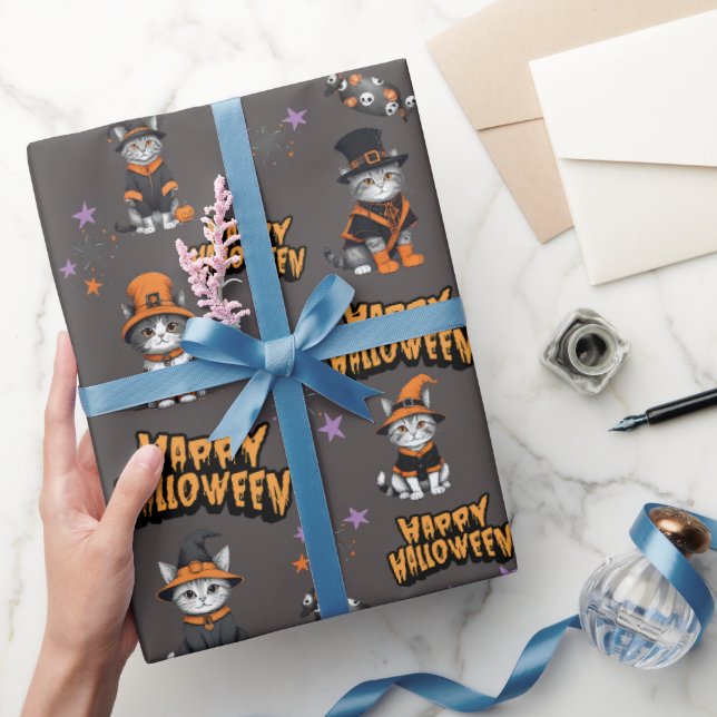 Festive grey Witch Cats in Halloween Disguise Wrapping Paper (Gifting)