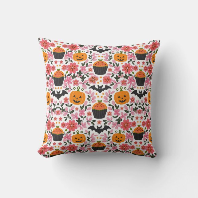Festive Halloween Pillow | Florals, Pumpkin & Bats (Front)