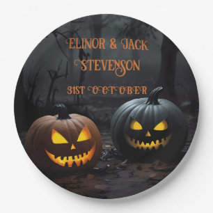 Festive Halloween Pumpkins and Floral Pattern Paper Plate