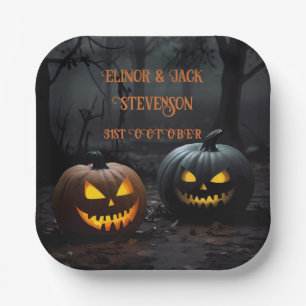 Festive Halloween Pumpkins and Floral Pattern Paper Plate