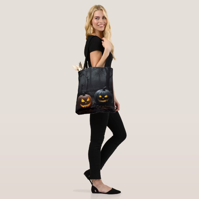 Festive Halloween Pumpkins and Floral Pattern Tote Bag (On Model)