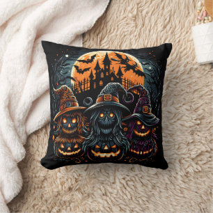Festive Halloween pumpkins glowing under moonlight Throw Pillow