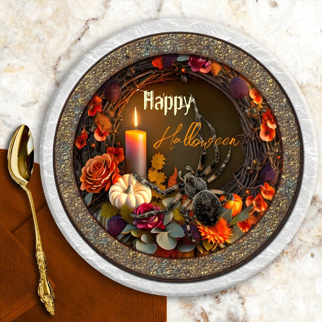 Festive Halloween Spider Paper Plate (Festive Halloween paper plates featuring a floral wreath with candle and pumpkin and a big spider)