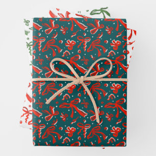 Festive Hand Drawn Doodle Bows and Ribbons Pattern Wrapping Paper Sheet