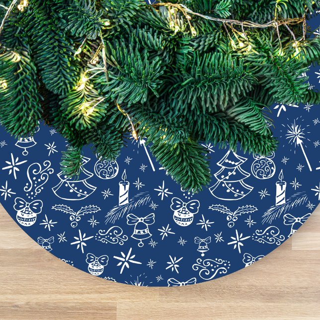 Festive Hand Drawn Doodles Custom Name  Fleece Tree Skirt (Creator Uploaded)