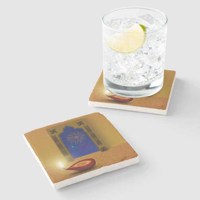 Festive Happy Diwali Fireworks - Stone Coaster (Side)