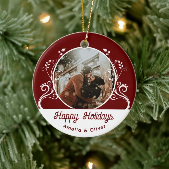 Festive Happy Holidays Foliage Red Couple Photo  Ceramic Ornament (Tree)
