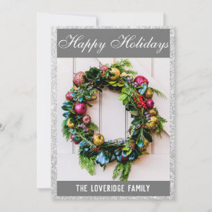 Festive Happy Holidays Wreath Grey Silver Glitter Holiday Card