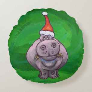 Festive Heads and Tails Hippo On Green Round Pillow