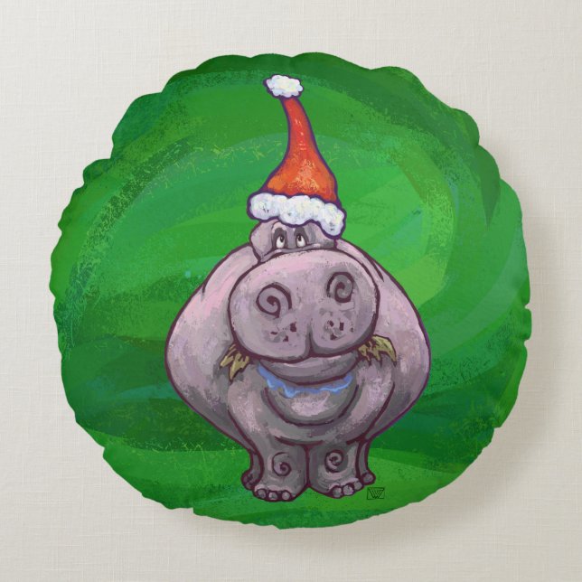 Festive Heads and Tails Hippo On Green Round Pillow (Front)