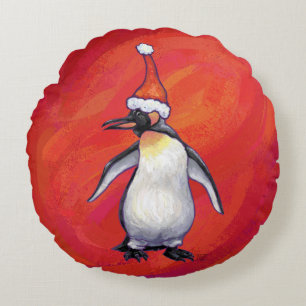 Festive Heads and Tails Penguin Round Pillow