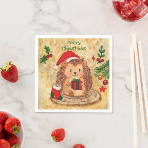 Festive hedgehog with gift and stocking napkin