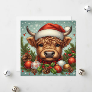 Festive Highland Cow Wearing Santa Hat Holiday Card
