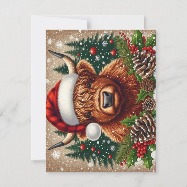 Festive Highland Cow Wearing Santa Hat Holiday Card (Front)