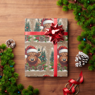 Festive Highland Cow Wearing Santa Hat  Wrapping Paper