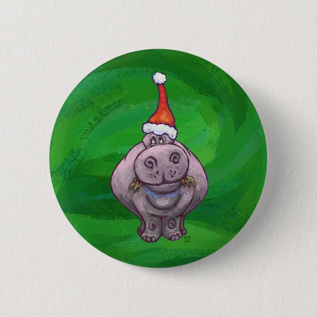 Festive Hippo On Green 2 Inch Round Button (Front)