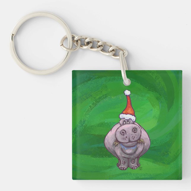 Festive Hippo On Green Keychain (Front)