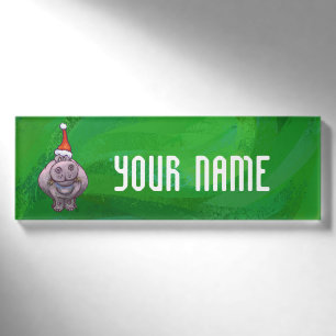 Festive Hippo On Green Name Tag