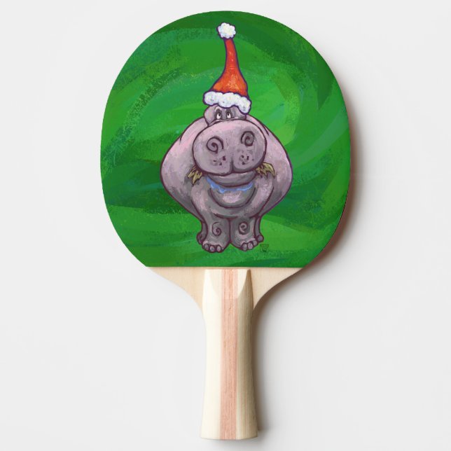 Festive Hippo On Green Ping Pong Paddle (Front)