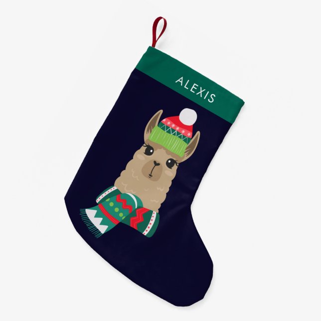 Festive Holiday Alpaca Personalized Small Christmas Stocking (Front (Hanging))
