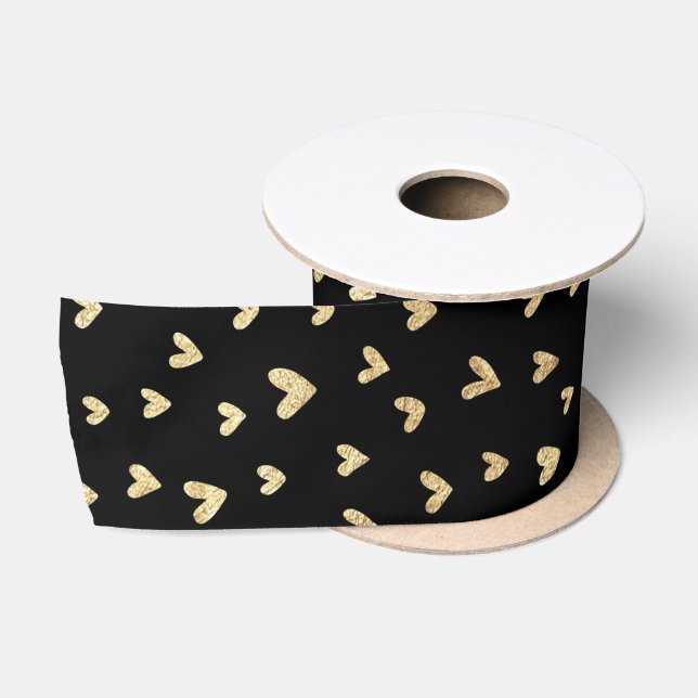 Festive Holiday Black Gold Hearts Satin Ribbon (Spool)