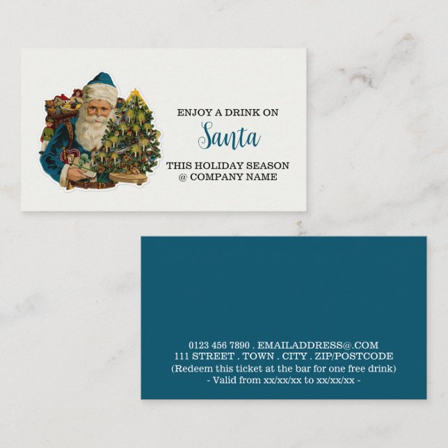 Festive Holiday - Blue Santa - Drinks Ticket Enclosure Card (Front/Back)