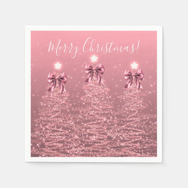 Festive Holiday Blush Pink  Christmas Trees Bows Napkin (Front)