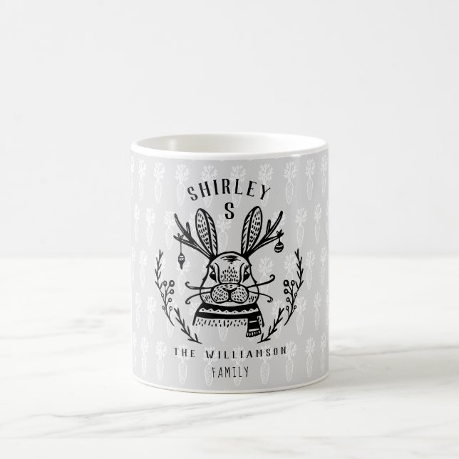 Festive Holiday Bunny Etching Family Monogram Coffee Mug (Center)