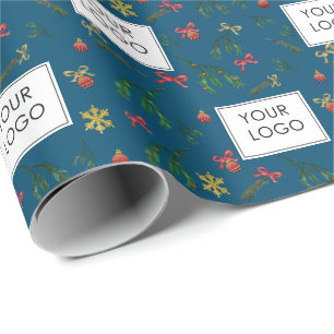 Festive Holiday Business Company Logo Branded Blue Wrapping Paper