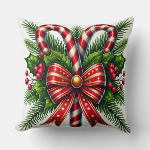 Festive Holiday Candy Canes with Holly Throw Pillow