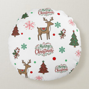 Festive Holiday Cartoon Reindeer Red Green Throw P Round Pillow