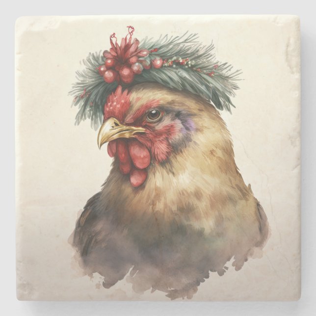 Festive Holiday / Christmas Chicken Stone Coaster (Front)