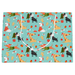 Festive Holiday Christmas Dogs Large Gift Bag