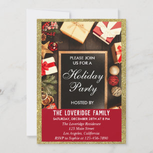 Festive Holiday Christmas Party Red & Gold Glitter Invitation