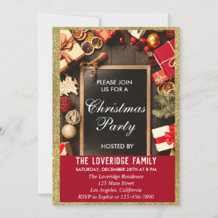 Festive Holiday Christmas Party Red & Gold Glitter Invitation