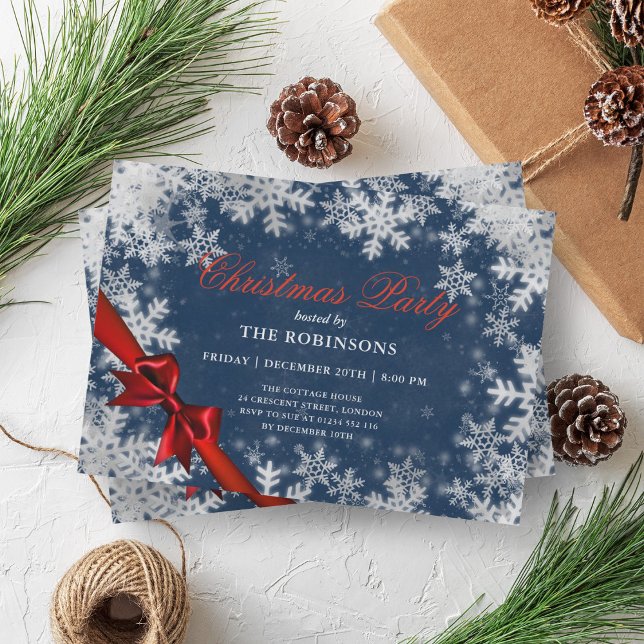 Festive Holiday Christmas Silver & Red Ribbon Navy Invitation (Festive Holiday Christmas Silver & Red Ribbon Navy Invitation)