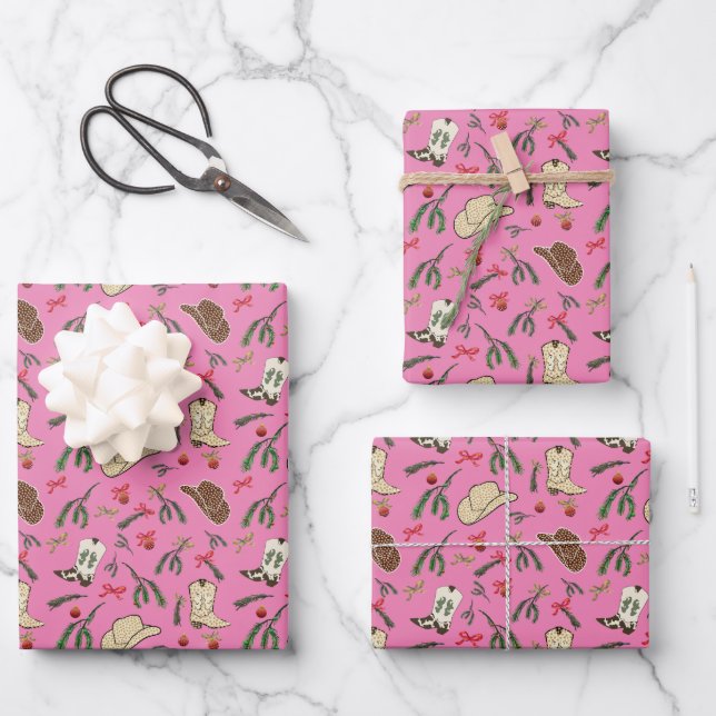 Festive Holiday Cowboy Rodeo Pattern Pink  Wrapping Paper Sheet (Front)